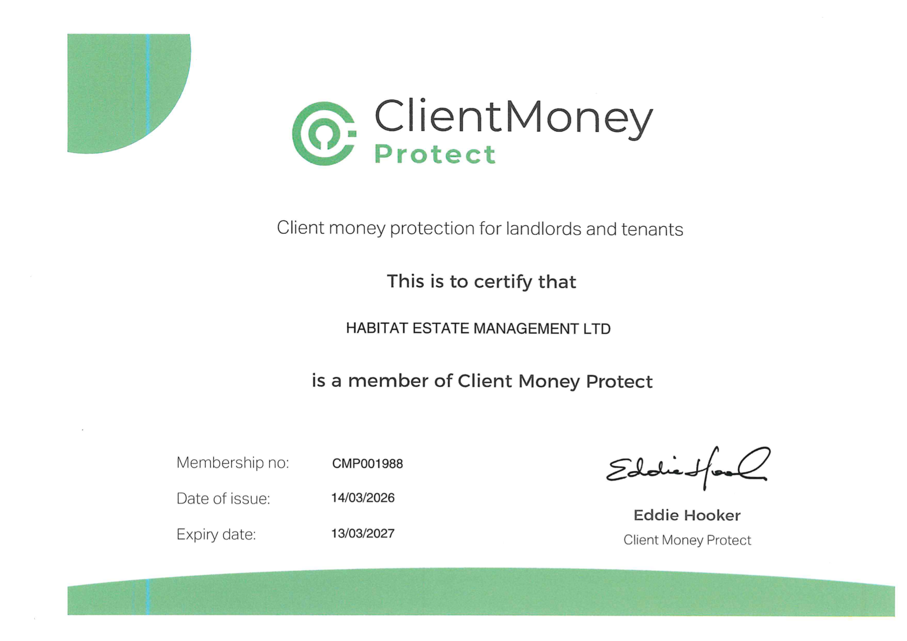 Client Money Protect certificate for Habitat Estate Management Ltd, membership number CMP001988, valid 14 March 2026 to 13 March 2027