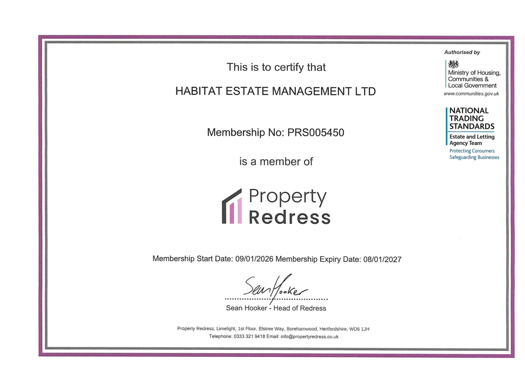 Property Redress Scheme membership certificate for Habitat Estate Management Ltd, membership number PRS005450, valid 9 January 2026 to 8 January 2027
